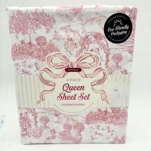 Envogue Queen Sheet Set 4 Piece Toile Print Pink White Brushed Softness